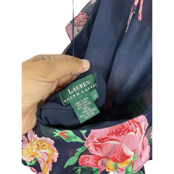 Lauren Ralph Lauren Navy Blue Floral 100% Silk Ruffle Halter Maxi Dress Women 10 - Picture 4 of 7